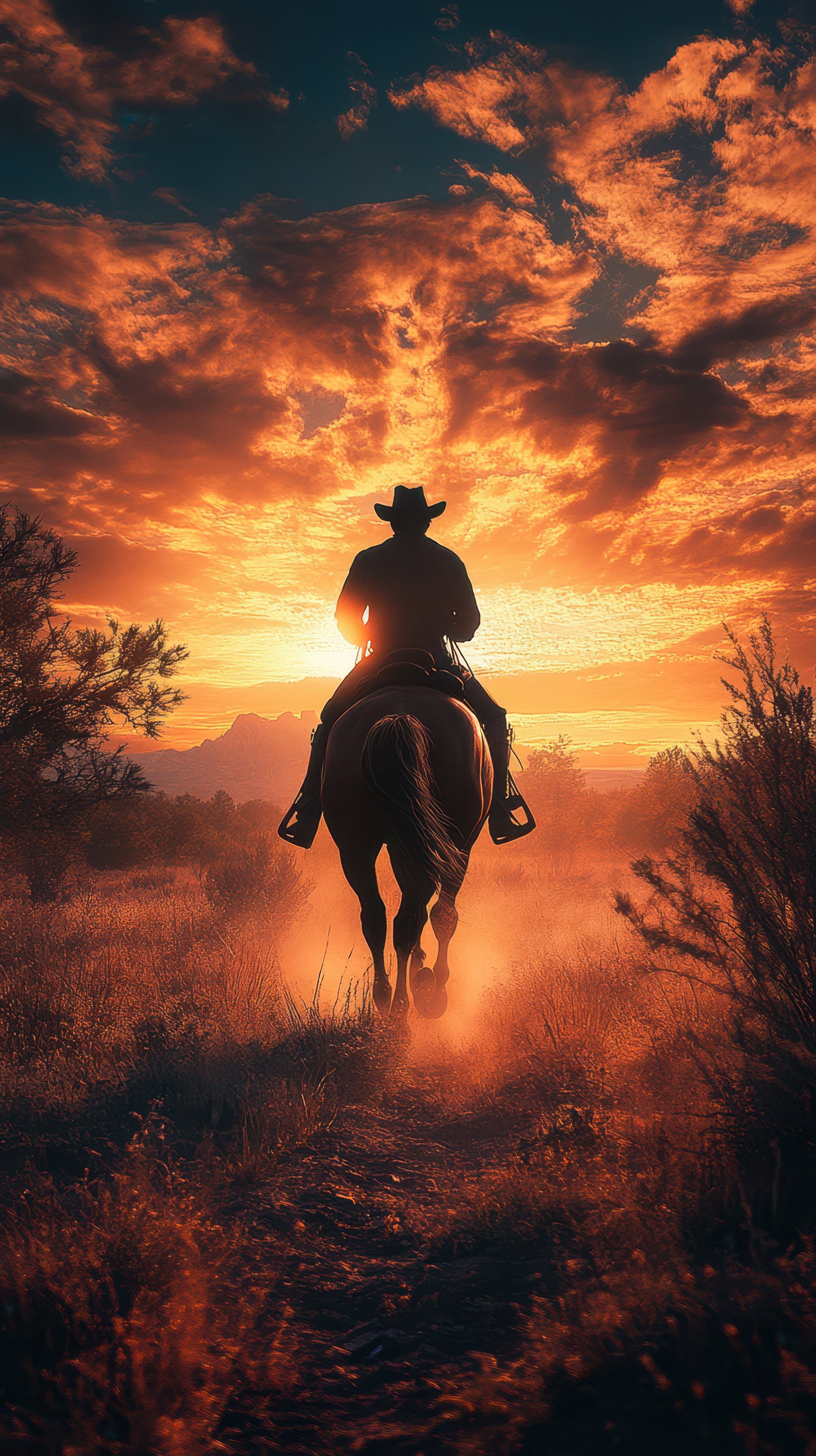 Cowboy riding into the sunset with a dramatic sky in a rural landscape